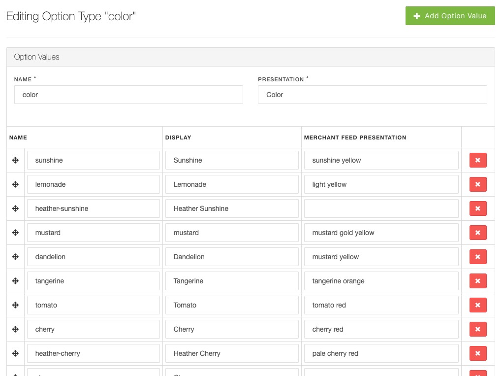 Screenshot of the admin tooling for managing colors before this project.