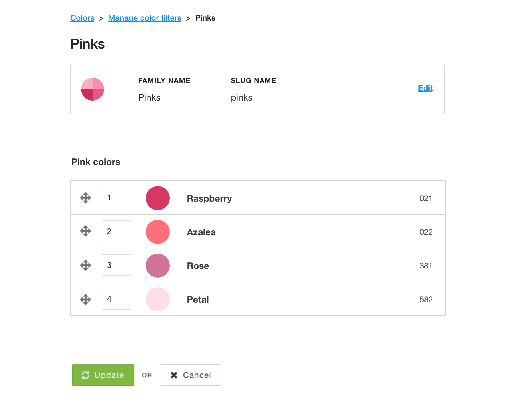 Screenshot of the pink color family editor