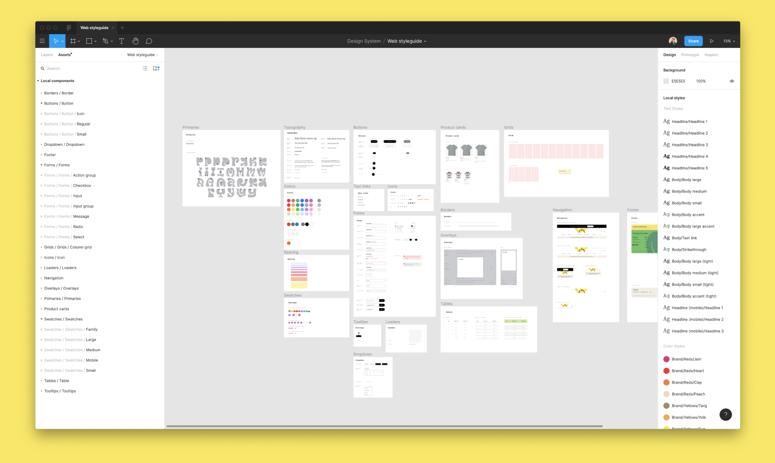 Screenshot of Figma file for managing the design system, with components for characters, forms, overlays, and other UI elements.