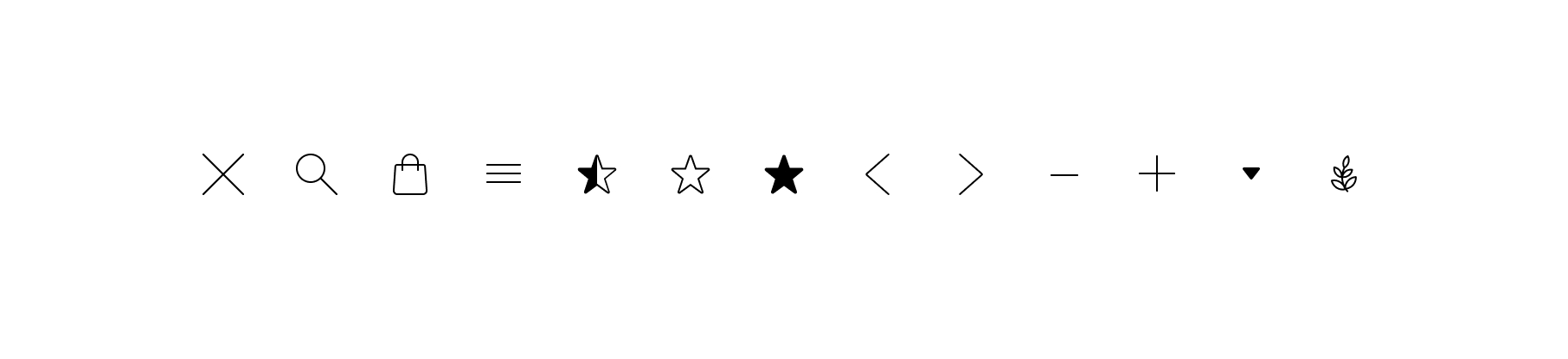 A row of different icons needed for the site, including stars, close, arrows, shopping bag, search, and more.