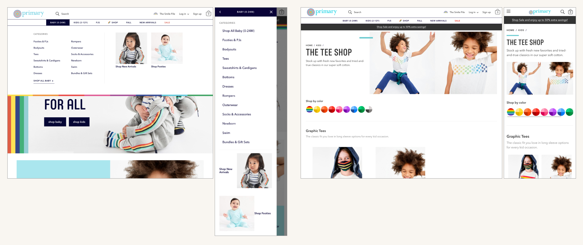Screenshots of the product list page and navigation before the rebrand. The nav drawer has two spots with square images that each link to products, and the headers of the product list page are large lifestyle images with supporting headlines and subheads.