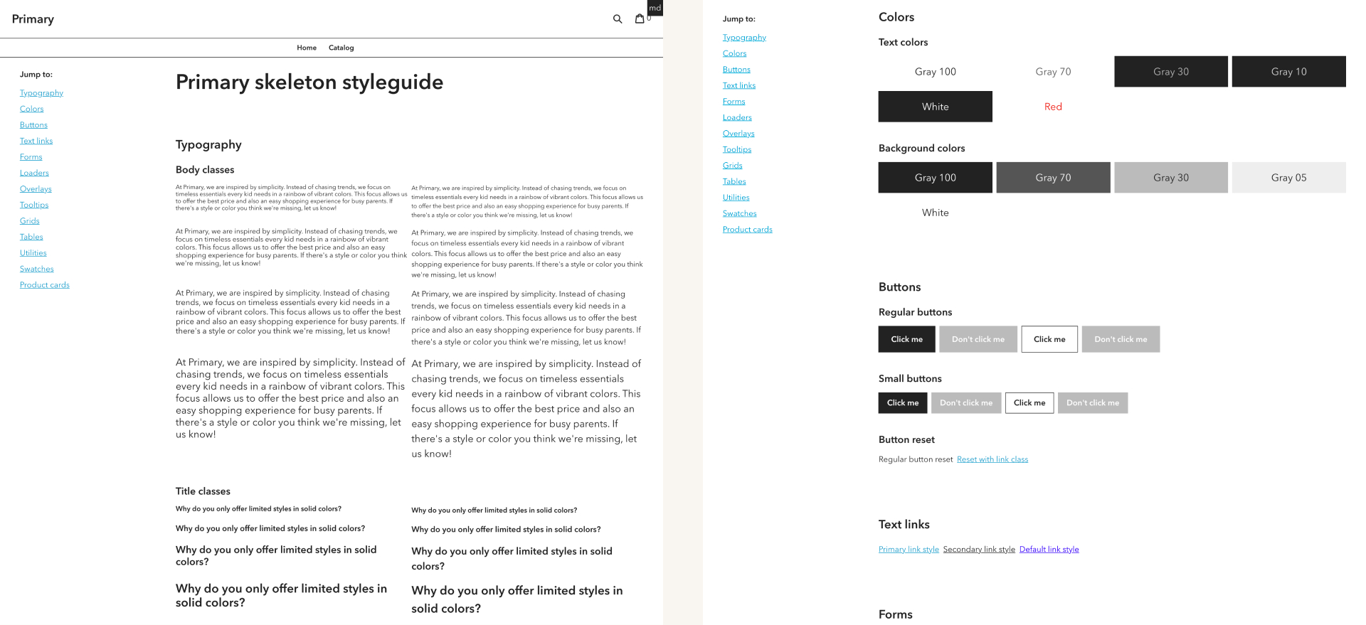 Screenshot of the skeleton styleguide guidelines, including basic typography, button, and form examples.