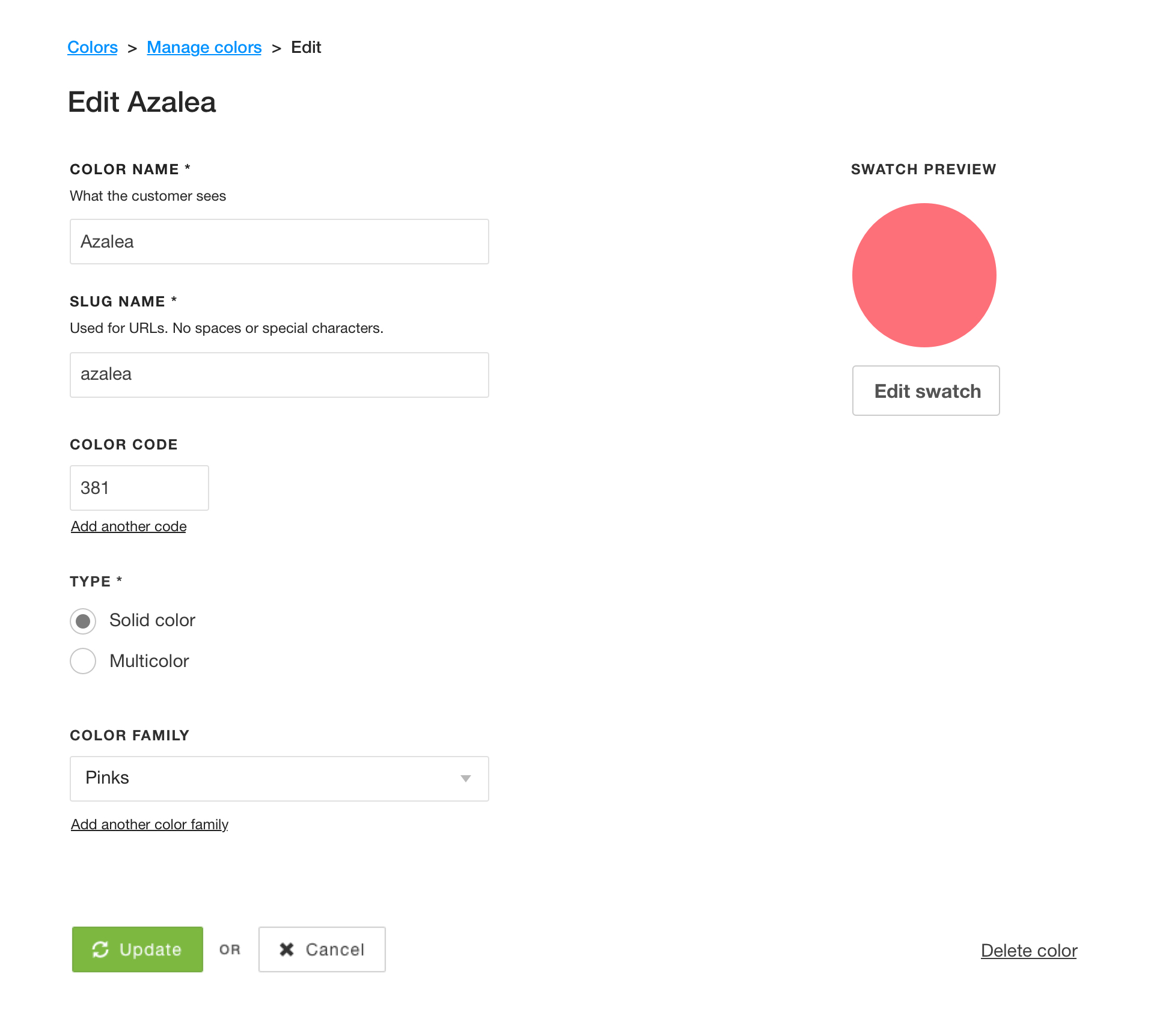 Wireframe of the color detail page