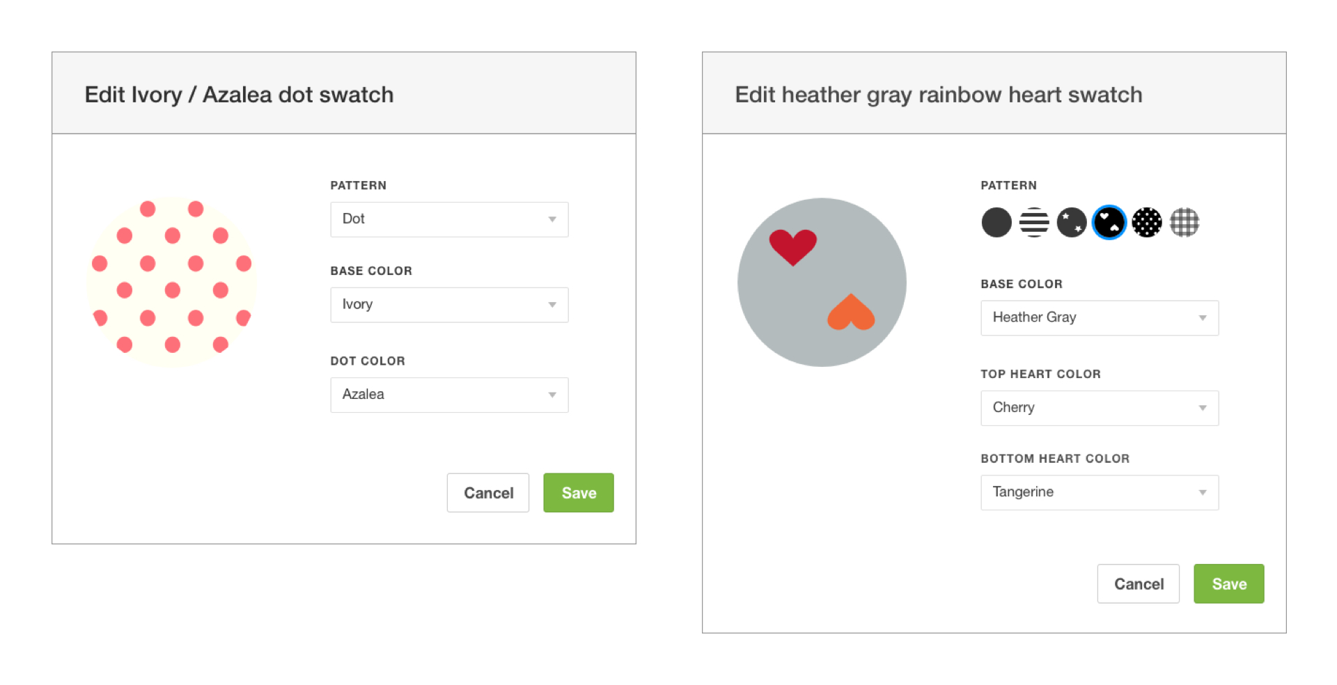 Wireframes of the swatch builder in an overlay