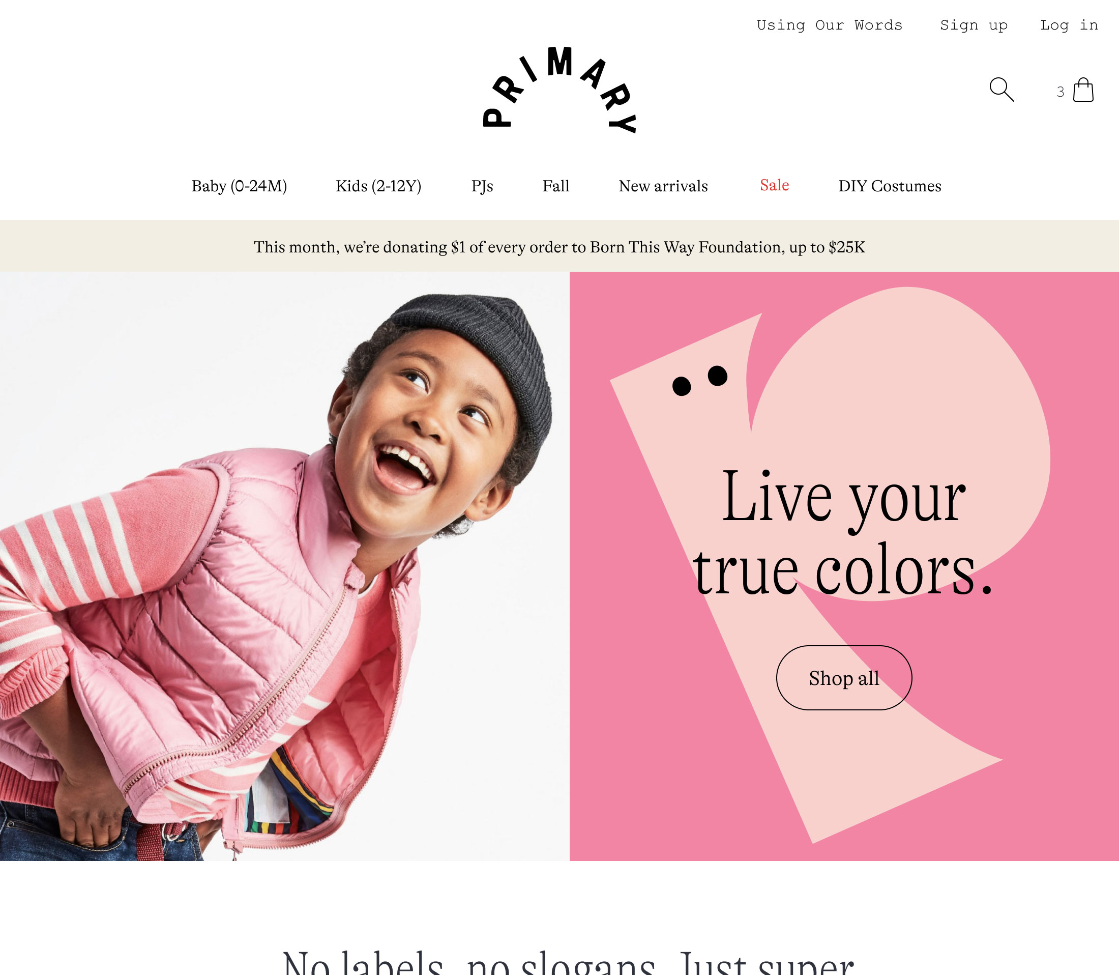 Screenshot of the rebranded homepage. Simple navigation next to banner with a kid in Primary clothes and a bright pink background.